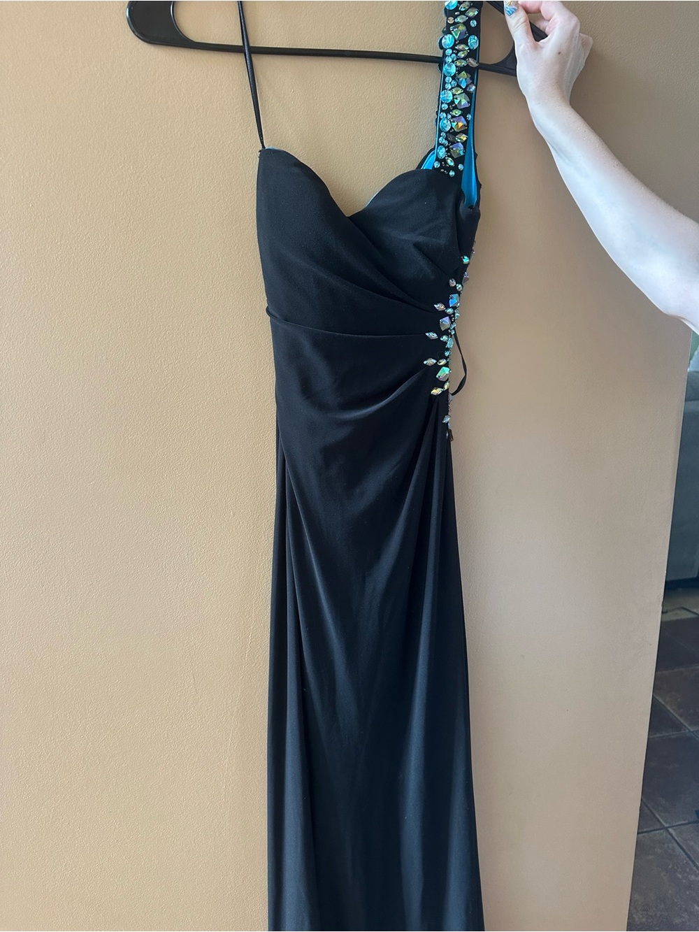 Black One-Shoulder Evening Dress with Crystal Accents